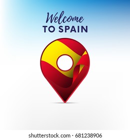 Flag of Spain in shape of map pointer or marker. Spain flag. Welcome to Spain. Vector illustration.