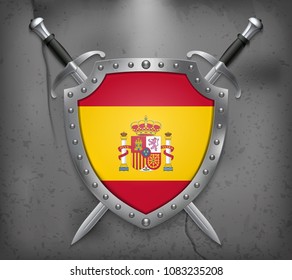 Flag of Spain. The Shield with National Flag. Two Crossed Swords. Vector Medieval Background