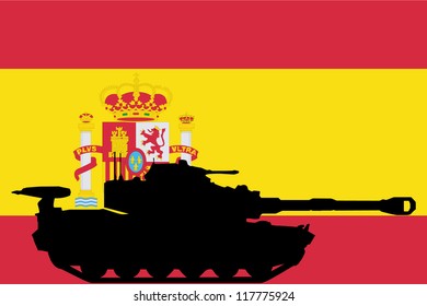 The flag of Spain with the silhouette of a tank