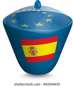Flag of Spain. Urn with a translucent cover. The symbol of the European Union. 3D illustration isolated on white background.