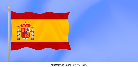 Flag of Spain waving against the blue sky. Horizontal banner design with Spain flag with copy space. Vector illustration