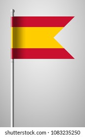 Flag of Spain without Coat of Arms. National Flag on Flagpole. Isolated Illustration on Gray Background