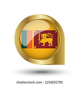 Flag of Sri Lanka, location map pin, pointer flag, button with the reflection of light and shadow, gold frame, Icon country. Realistic vector illustration on white background.