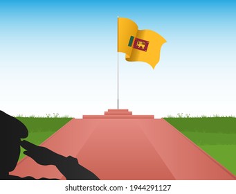The flag of Sri Lanka is on a pole with the image of a soldier saluting the flag