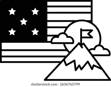A flag with stars and a mountain in the background. The flag is the American flag and the mountain is a symbol of the American dream