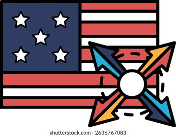 A flag with stars and a red circle with four arrows pointing in different directions. The flag is red, white, and blue