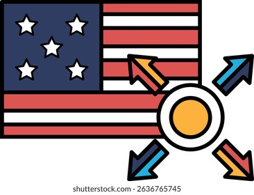 A flag with stars and stripes and arrows pointing to the right. The flag is red, white, and blue