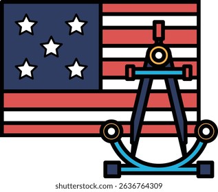 A flag with stars and stripes and a compass on top of it. The compass is pointing to the right