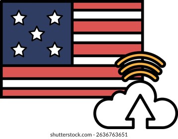A flag with stars and stripes is shown with a cloud and a line pointing upwards. Concept of progress and growth, as the cloud symbolizes the potential for new information
