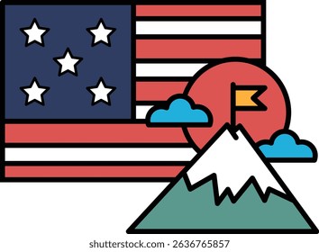 A flag with stars and stripes is shown with a mountain in the background. The flag is red, white, and blue. The mountain is in the background and is shown in a cartoon style