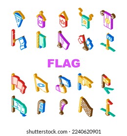flag start web pennant map icons set vector. banner symbol, location pole, shape mark, finish event, red flagpole, waving pin flag start web pennant map isometric sign illustrations
