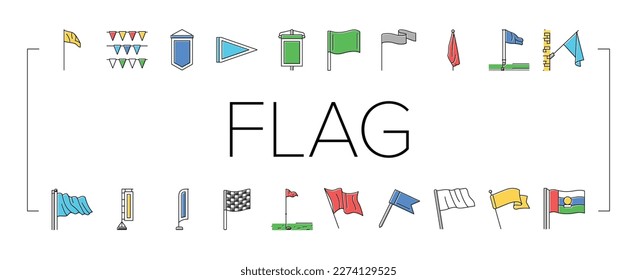 flag start web pennant map icons set vector. banner symbol, location pole, shape mark, finish event, red flagpole, waving pin flag start web pennant map color line illustrations