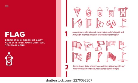 flag start web pennant map landing web page header vector. banner symbol, location pole, shape mark, finish event, red flagpole, waving pin flag start web pennant map color illustrations