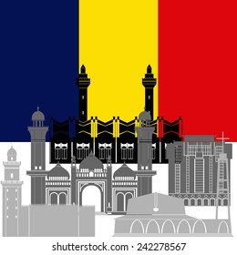 The flag State and the contour image of architectural attractions of this country. Illustration on white background.