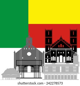 The flag State and the contour image of architectural attractions of this country. Illustration on white background.