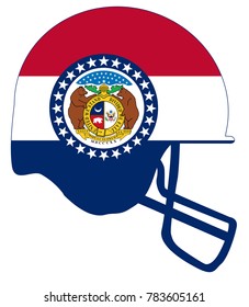 The flag of the state of Missouri below a football helmet silhouette