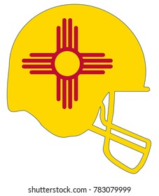 The flag of the state of New Mexico below a football helmet silhouette
