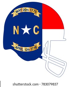 The flag of the state of North Carolina below a football helmet silhouette
