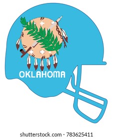 The flag of the state of Oklahoma below a football helmet silhouette
