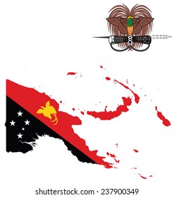 Flag and state seal of the Independent State Papua New Guinea overlaid on detailed outline map isolated on white background 