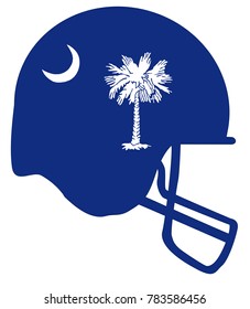 The flag of the state of South Carolina below a football helmet silhouette
