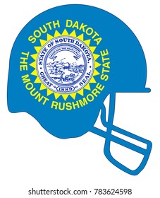 The flag of the state of South Dakota below a football helmet silhouette
