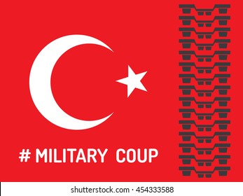 The flag of the state of Turkey, with the trace of tank tracks. A military coup in Turkey.