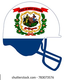 The flag of the state of West Virginia below a football helmet silhouette