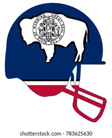 The flag of the state of Wyoming below a football helmet silhouette
