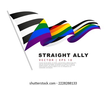 La bandera de un aliado recto cuelga sobre un asta de bandera y flauta en el viento. Igualdad de género. Un colorido logo de una de las banderas LGBT. Identificación sexual. Ilustración vectorial.