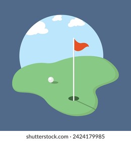 Flag stuck in hole on golf green and golf ball in front of hole