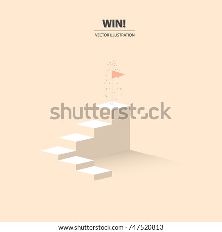 A flag of success on the top of stairs with congratulation colorful flakes. Business concept of success. Vector illustration.