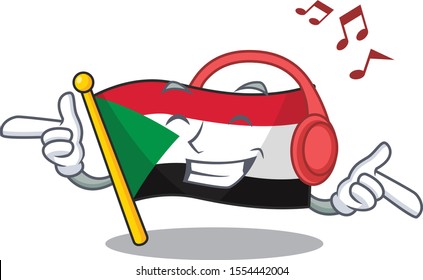 flag sudan character in cartoon shape listening music