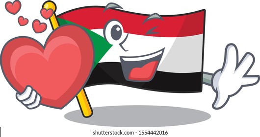 flag sudan character in cartoon shape holding heart