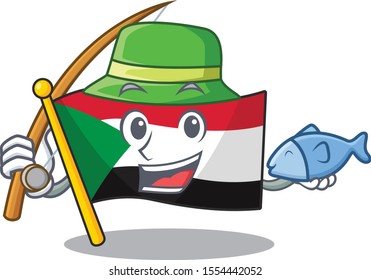 flag sudan character in cartoon shape fishing