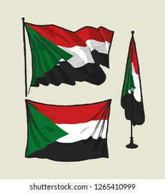 Flag of Sudan on the wind and on the wall illustration set