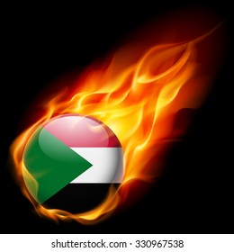 Flag of Sudan as round glossy icon burning in flame