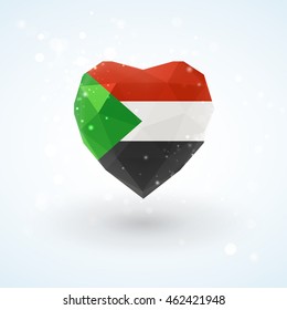 Flag of Sudan in shape of diamond glass heart in triangulation style for info graphics, greeting card, celebration of Independence Day, printed materials 