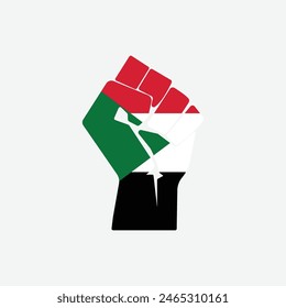 Flag of Sudan in the shape of raised hand sign isolated on background. Fist symbol modern, simple, vector, icon for website design, mobile app, ui. Vector Illustration
