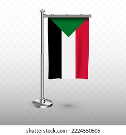 Bandera de Sudán. Ilustración vectorial de una bandera vertical colgante con mástil en un fondo transparente (PNG).
