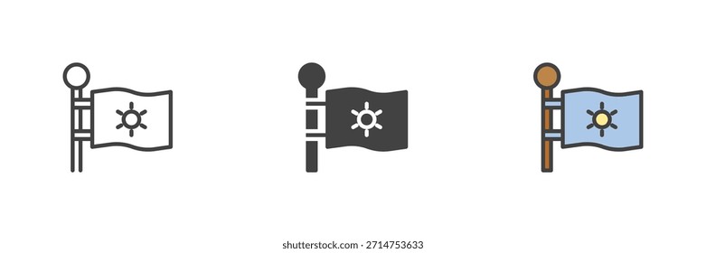 Bandera con emblema medieval de sol conjunto de iconos de estilo diferente. Línea, contorno relleno e ícono de Vector de color sólido. Símbolo heráldico, símbolo del reino, ícono de Anuncio.