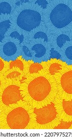 Flag with sunflowers. Flag of Ukraine. Blue and yellow sunflowers. Floral Ukrainian flag. Support concept banner or border. Hand drawn vector illustration. Flowers background.