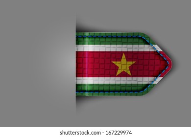 Flag of Surinam in the form of a glossy textured label or bookmark. Vector illustration.
