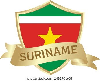 Flag of suriname as around the metal gold shield with suiname flag