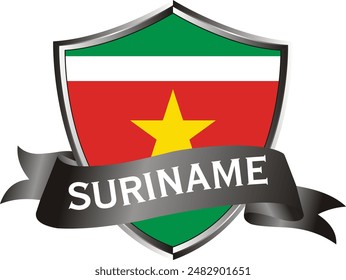 Flag of suriname as around the metal silver shield with suiname flag