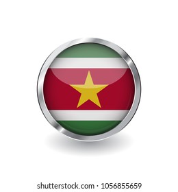 Flag of suriname, button with metal frame and shadow. suriname flag vector icon, badge with glossy effect and metallic border. Realistic vector illustration on white background.