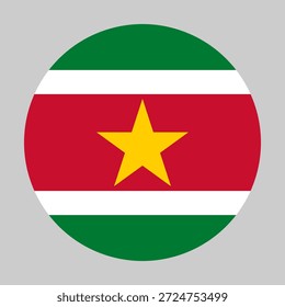 Bandera de Surinam en forma circular con proporciones precisas y colores oficiales. Representar la identidad nacional y el patriotismo