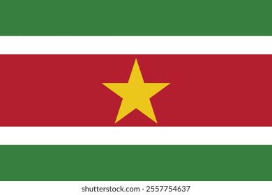 The flag of Suriname is composed of five horizontal bands of green, white, red, white, and green with a large, yellow, five-pointed star in the center.