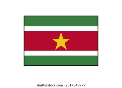 The flag of Suriname features five horizontal stripes in green, white, red, and a central yellow star. This design symbolizes unity and diversity in the country's culture and heritage.