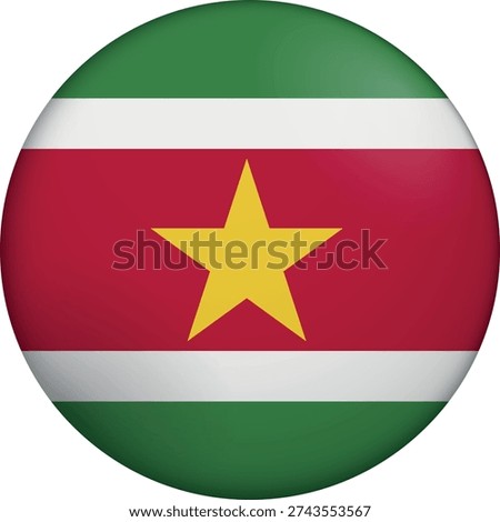 Flag of Suriname. Glossy circular flag. Button appearance. 3D Icon Design with depth. Professional, tactile look. Perfect for representing national identity in digital interfaces and perfect for websites